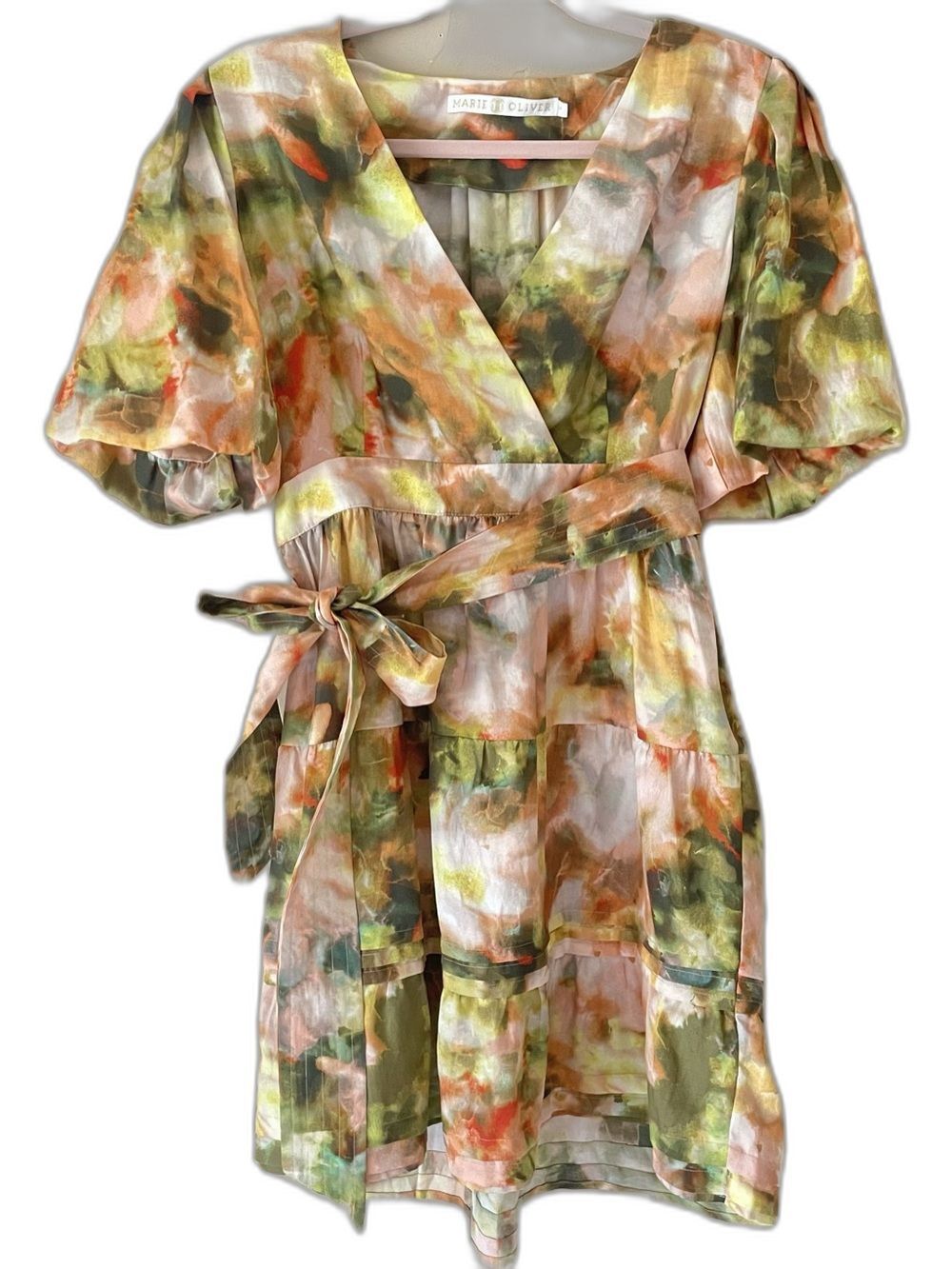 Marie Oliver Callie Belted Silk-Blend Mini Dress "Garden Yellow" watercolor sz 4